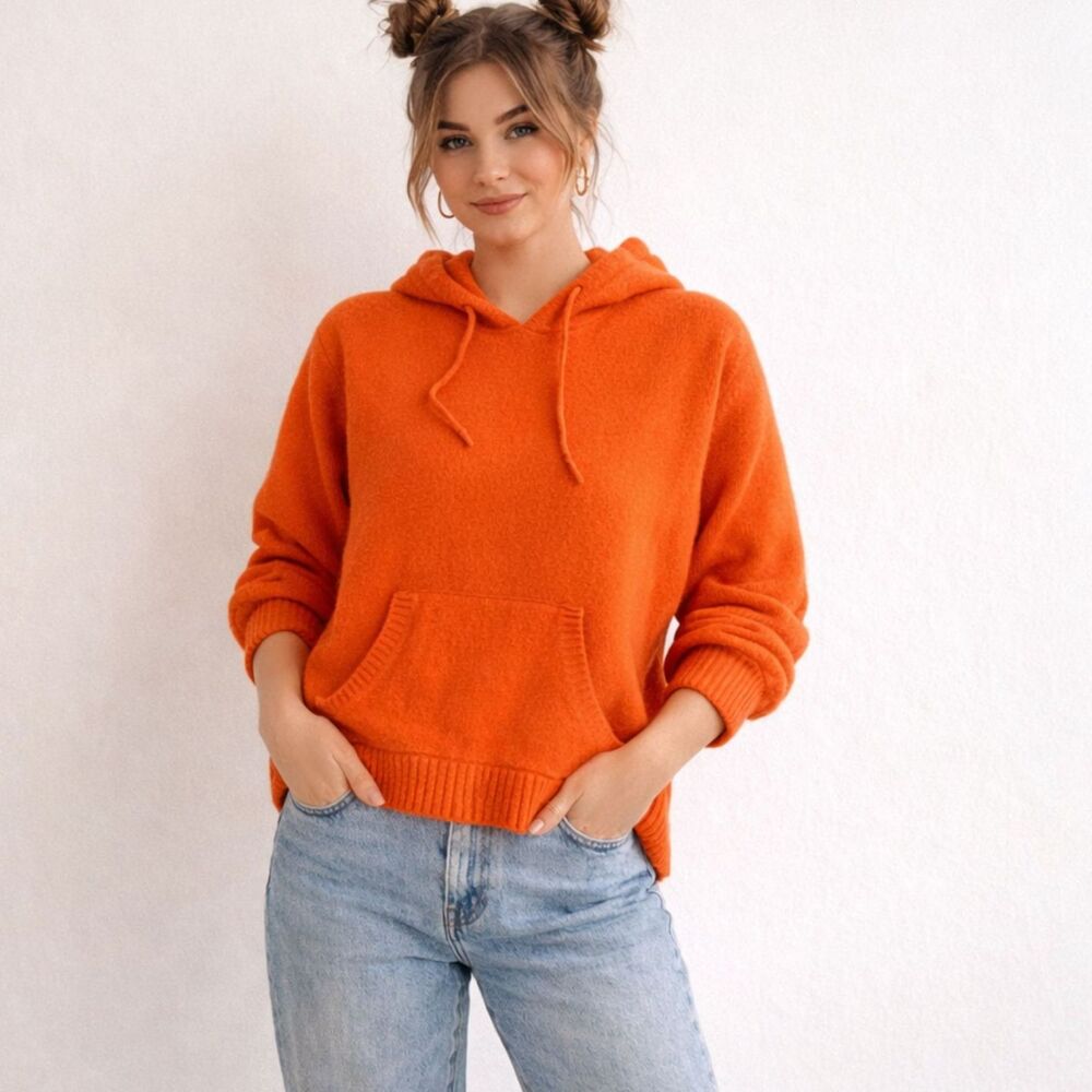 VTG Venezia Y2K Lambswool Orange Fuzzy Hoodie Sweater w Pocket Y2K Cozy Casual